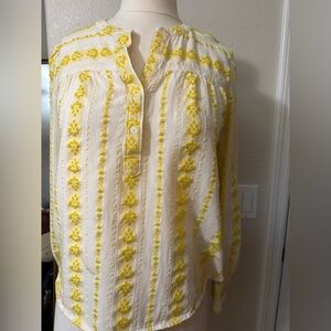 Loft Butter Yellow and Cream Long Sleeve Embellished Blouse. 3/4 Button Up.